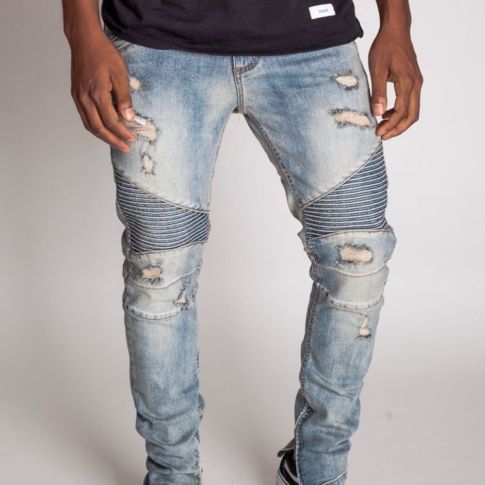 Men's KNDK Distressed Moto Ankle Zip Blue Jeans